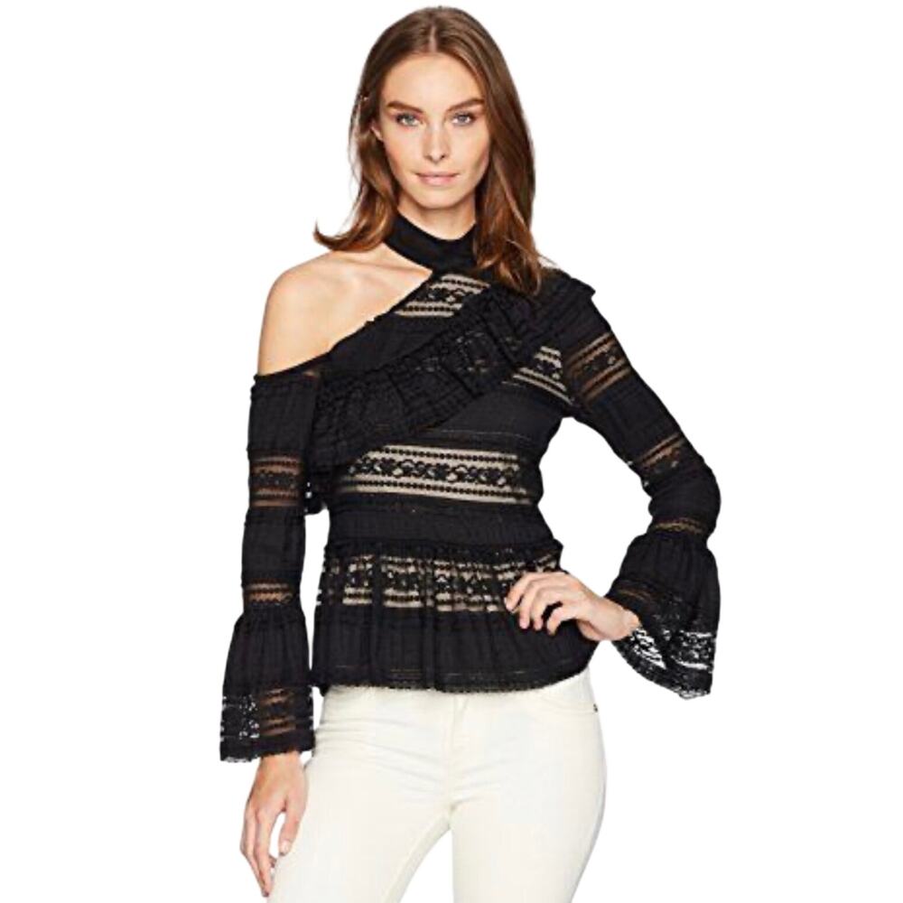 PARKER Women’s Black Lace Cold Shoulder Ruffle Cuff Peplum Top